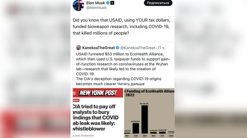 Маск: деньги налогоплательщиков США пошли на создание COVID-19