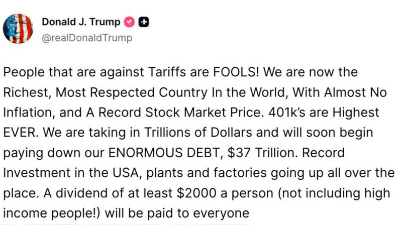 Трамп пообещал выплатить каждому американцу по $2000 из доходов от пошлин