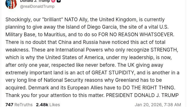 "Шокирующее предательство": Трамп разгромил Лондон за планы отдать остров с военной базой США