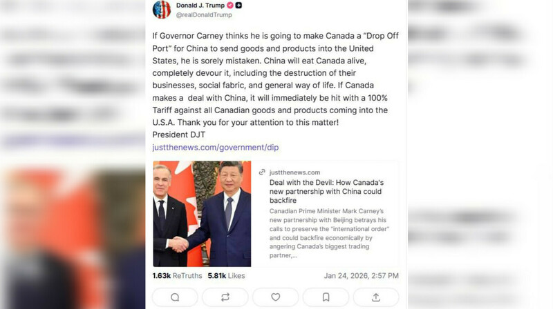 Трамп пригрозил Канаде 100% пошлинами за сделку с Китаем