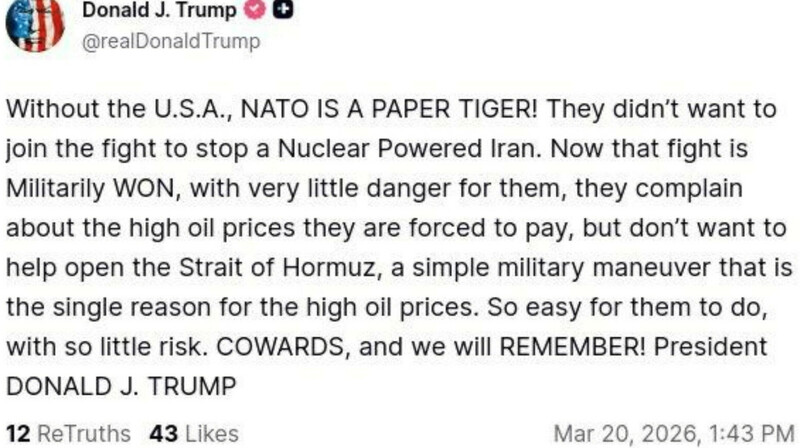 "Трусы, и мы это запомним": Трамп жёстко обрушился на союзников по НАТО